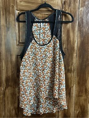 Free People Floral Tank Top in Rust, Black, and Light Blue